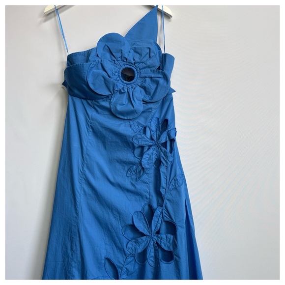 NWT Anthropologie One-Shoulder Cutwork  Cutouts 3D Flower Blue Midi Dress - Picture 13 of 16